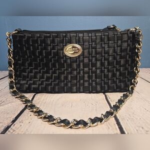 The SAK Purse Black Satin Weave Gold Chain Strap Red Lining Hobo Shoulder Bag